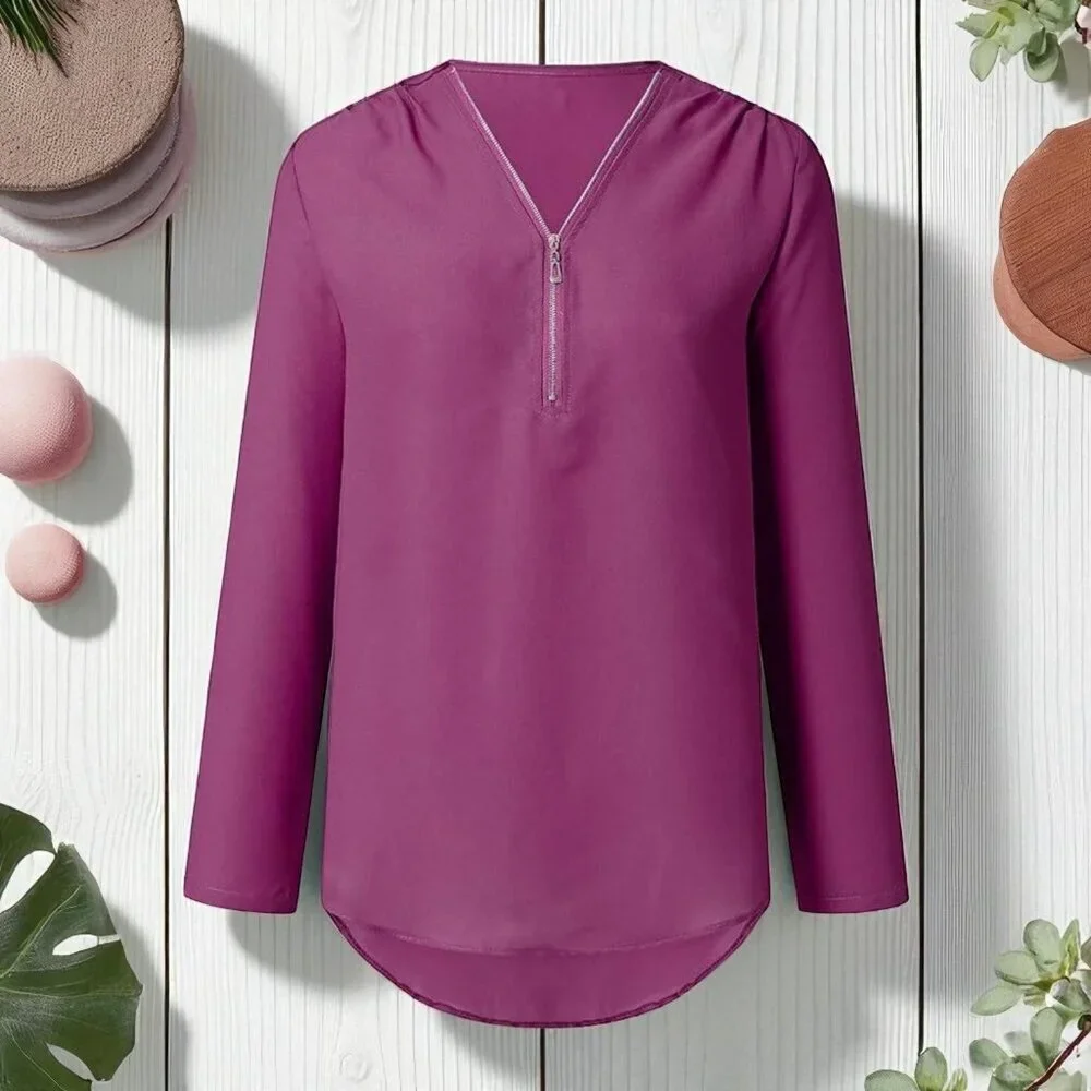 Ultra-Chic Purple V-Neck Blouse with Zip Detail & Roll-Up Sleeves Trendy 2XL